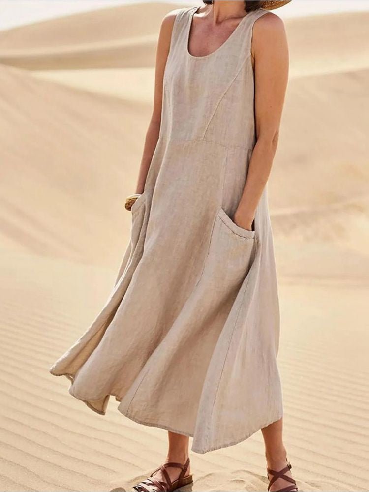 Women's sleeveless maxi casual dress with pockets, perfect for summer, vacation, and everyday comfortable wear.