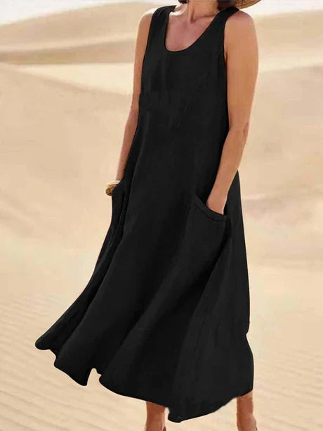 Comfortable women's sleeveless midi sundress. Versatile for everyday wear or a chic summer outing.