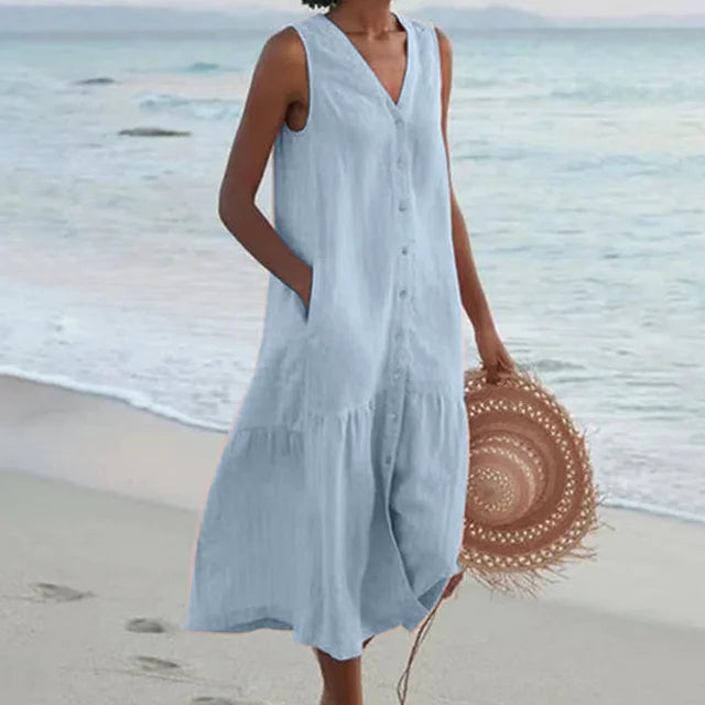 Chic women's sleeveless V-neck midi dress with button front, perfect for summer casual wear.
