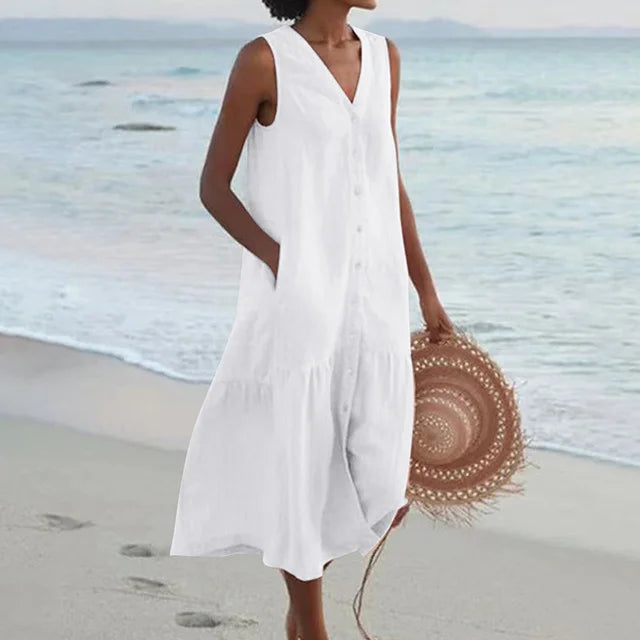 Versatile women's sleeveless V-neck midi dress with button front, great for everyday style.