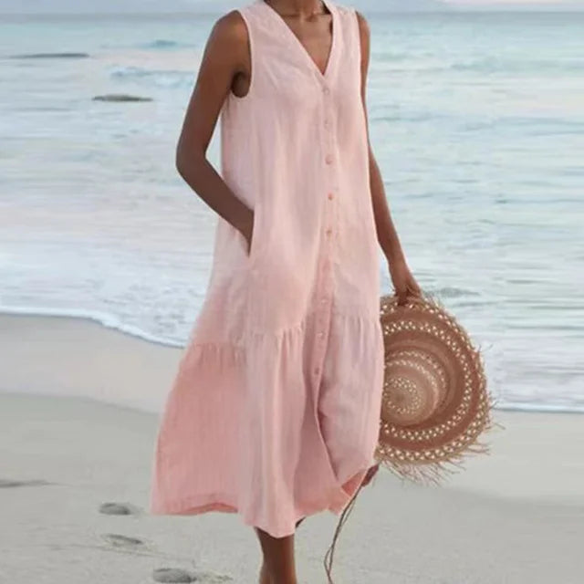 Elegant women's sleeveless midi dress featuring a flattering V-neck and functional button front.