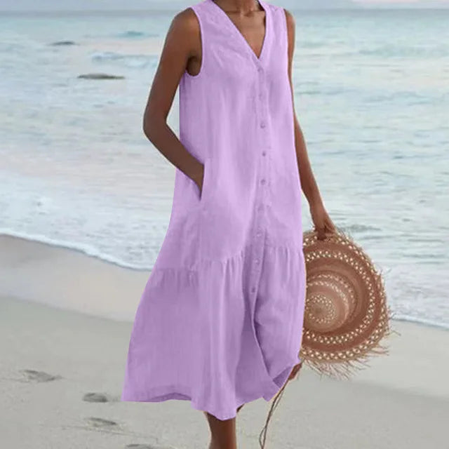 Stylish women's sleeveless V-neck midi dress with button front, ideal for warm weather comfort.