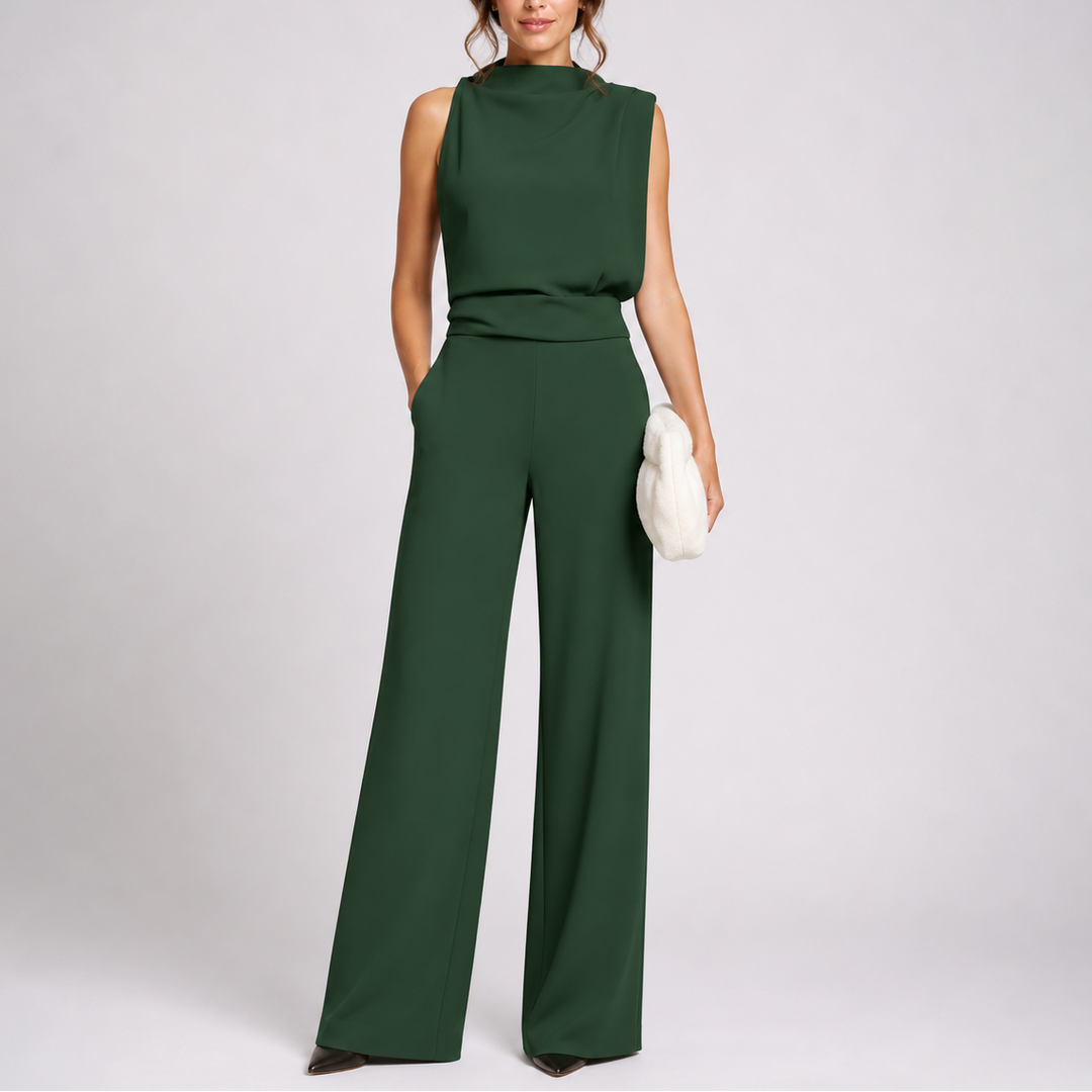 Women's sleeveless mock neck wide-leg formal jumpsuit, perfect for eveningwear & special occasions.