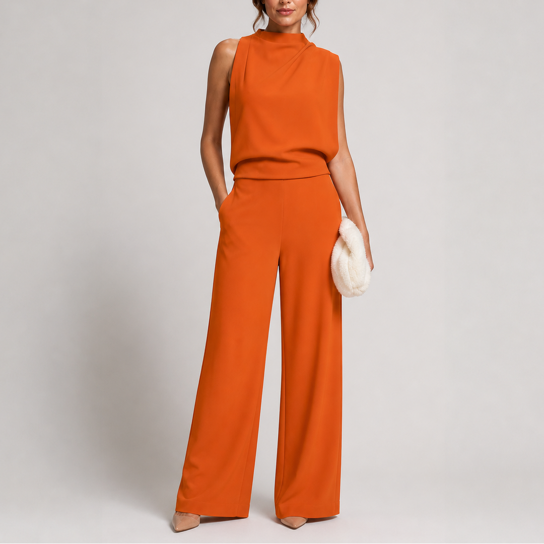 Sophisticated women's formal jumpsuit with mock neck & wide-leg design, perfect for elegant evening parties.