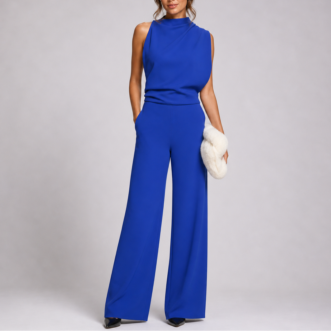 Chic sleeveless mock neck wide-leg jumpsuit, a comfortable & stylish choice for women's special occasion fashion.