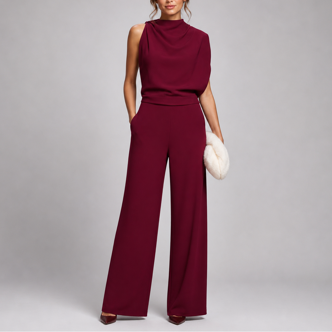 Elegant women's sleeveless mock neck wide-leg formal jumpsuit, a comfortable & flattering piece of eveningwear.