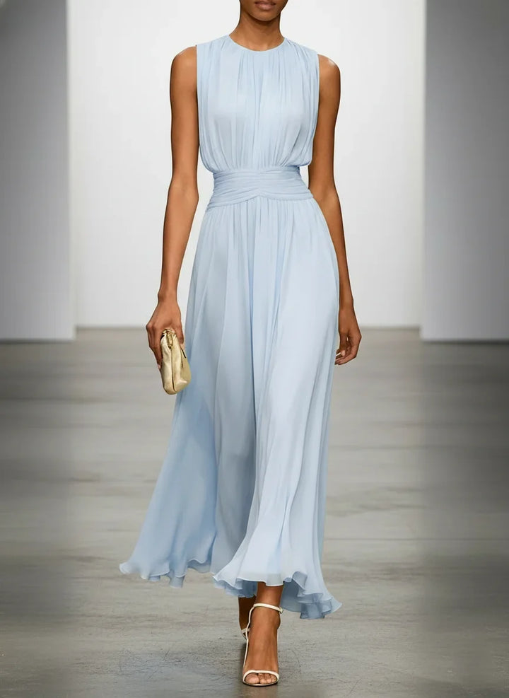 Women's sleeveless ruched A-line maxi dress, perfect for wedding guests & formal parties.