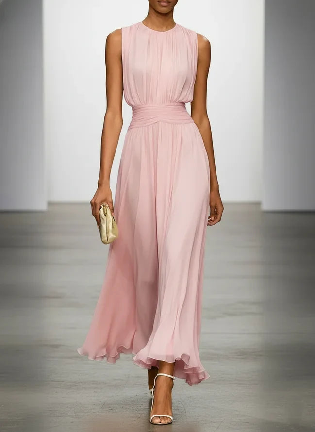 Celebrate in style with this elegant sleeveless ruched A-line maxi wedding guest dress.