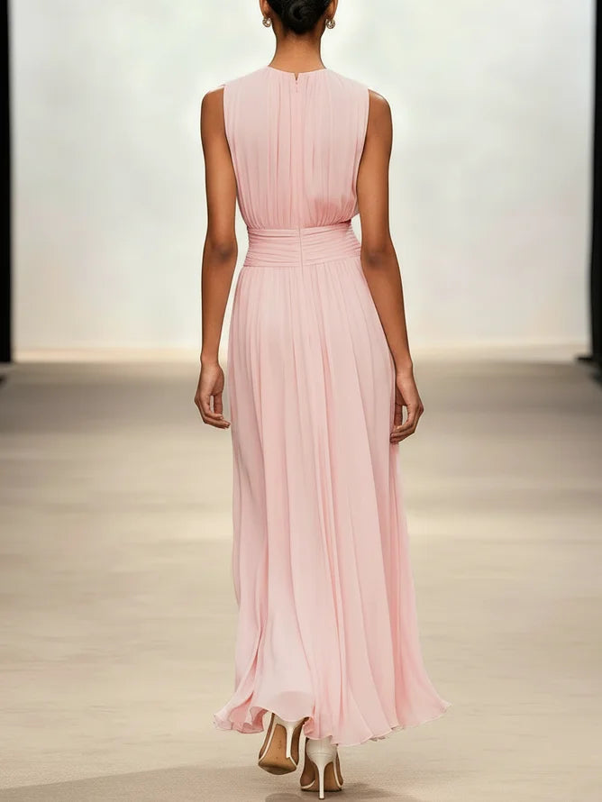 Flattering sleeveless ruched A-line maxi dress, ideal for any figure at formal events.