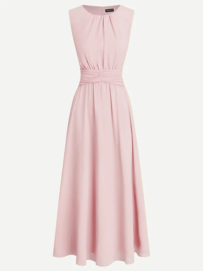 Bridesmaid or wedding guest sleeveless ruched A-line maxi dress; stunning elegance.