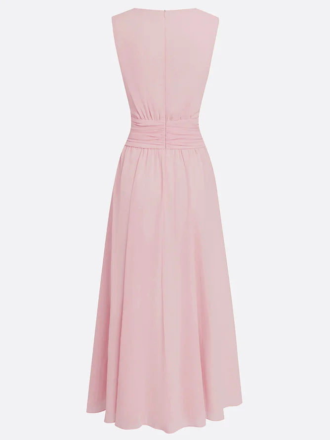 Formal evening sleeveless ruched A-line maxi dress for women, sophisticated & chic.