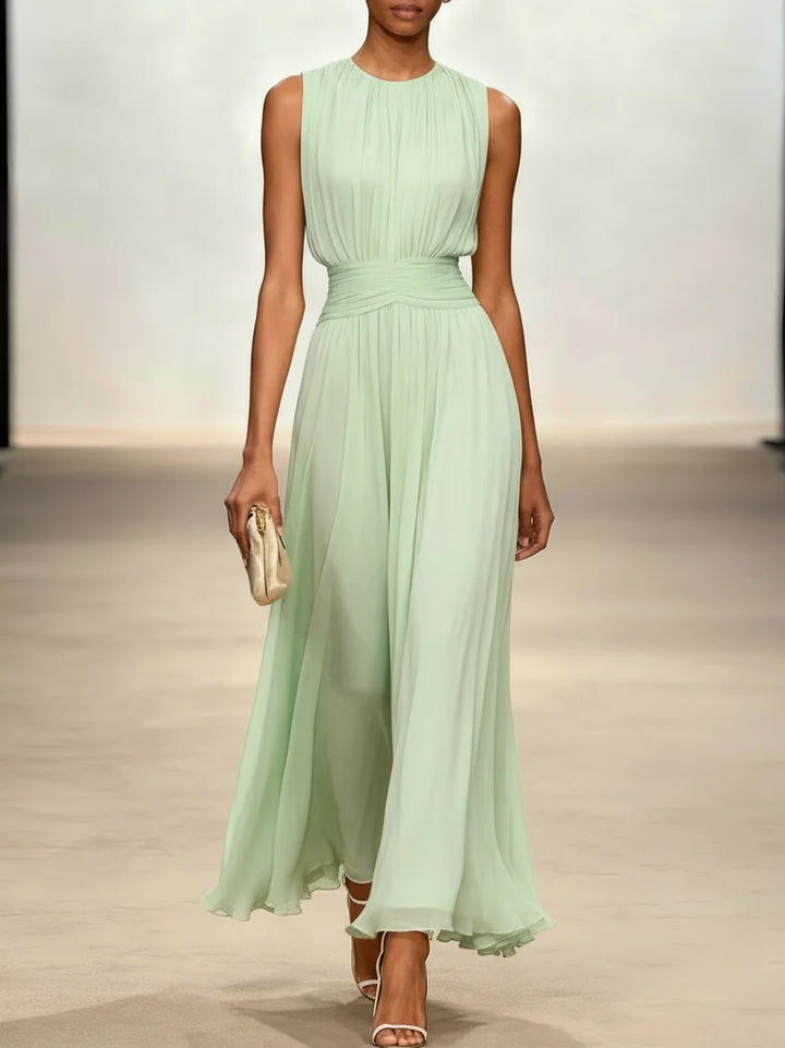 Simple yet elegant sleeveless ruched A-line maxi dress for any party or formal event.