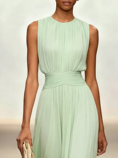 Luxurious sleeveless ruched A-line maxi dress for women's special occasions.