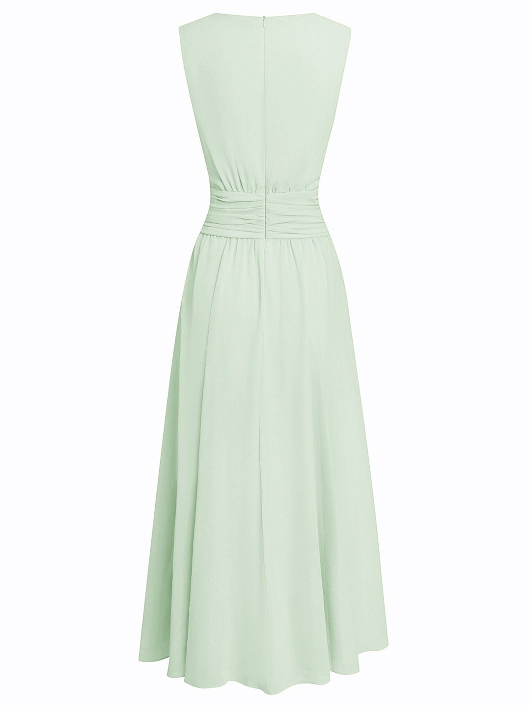 Sleeveless ruched A-line maxi dress, transitioning from day weddings to evening parties.