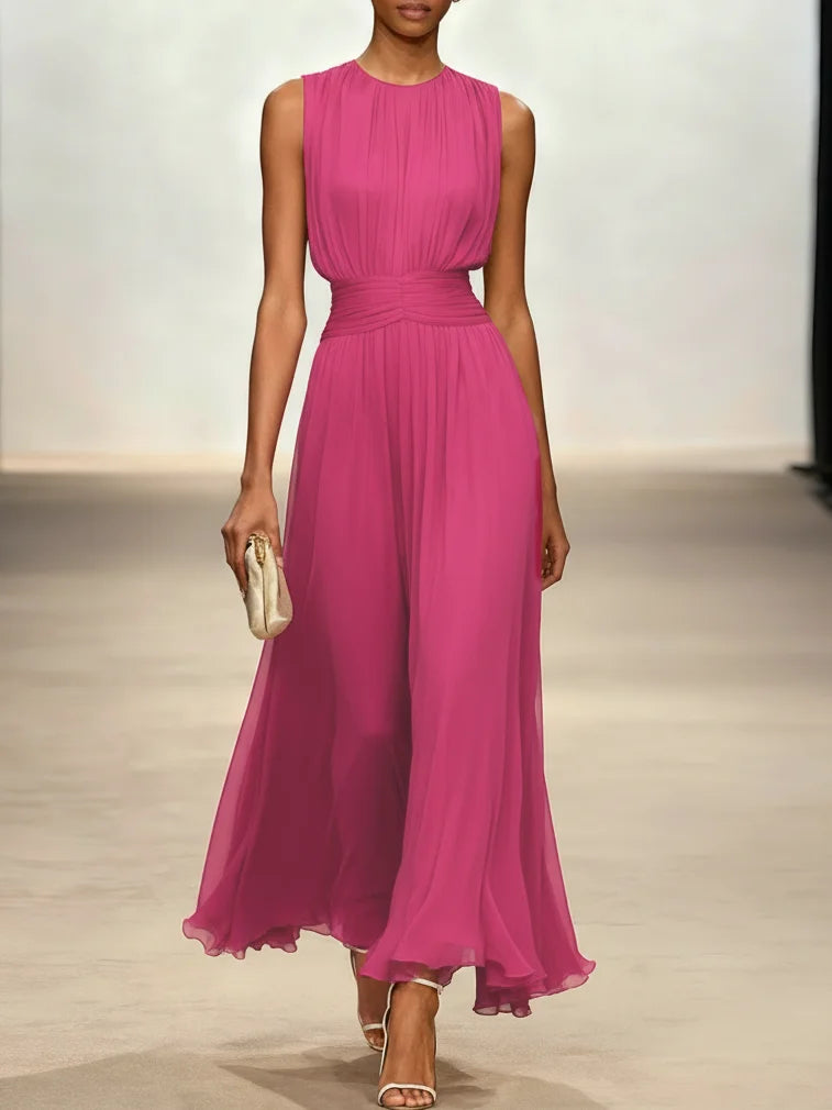 Graceful sleeveless ruched A-line maxi dress, perfect for elegant movements & photos.