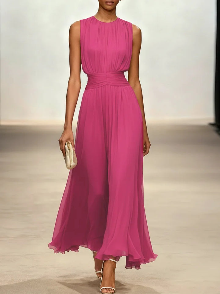Graceful sleeveless ruched A-line maxi dress, perfect for elegant movements & photos.
