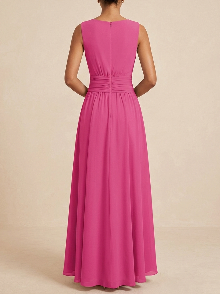 Unique ruched sleeveless A-line maxi dress, standing out at any formal or wedding event.