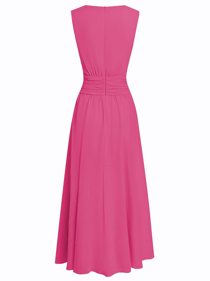 Feminine sleeveless ruched A-line maxi dress, enhancing your elegant silhouette.