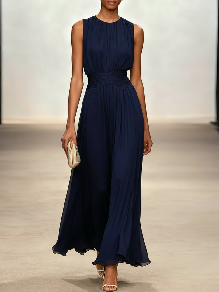 Women's special occasion sleeveless ruched A-line maxi dress; very chic & classy.