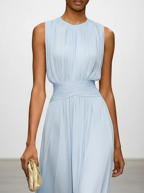 Stylish sleeveless A-line ruched maxi dress for women, ideal for summer parties & events.