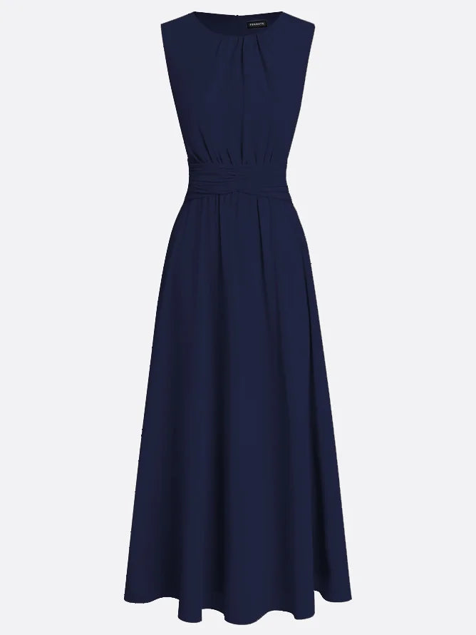 Sophisticated sleeveless ruched A-line maxi dress with undeniable charm & elegance.