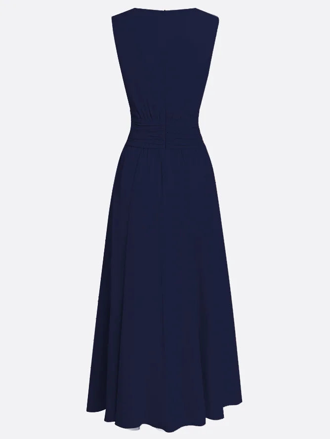 Alluring sleeveless ruched A-line maxi dress, perfect for captivating presence at events.