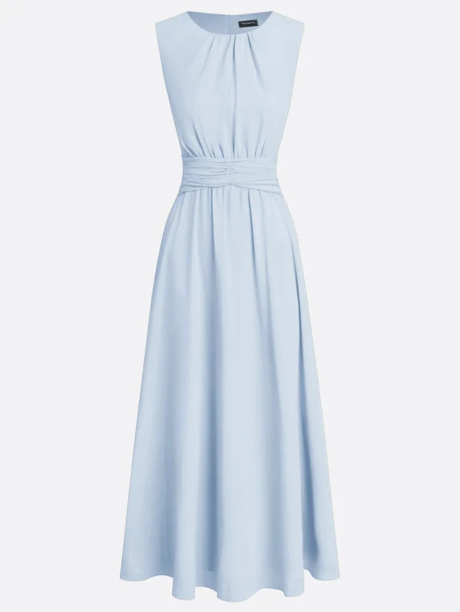 Flattering ruched sleeveless maxi dress; elegant A-line silhouette for formal occasions.