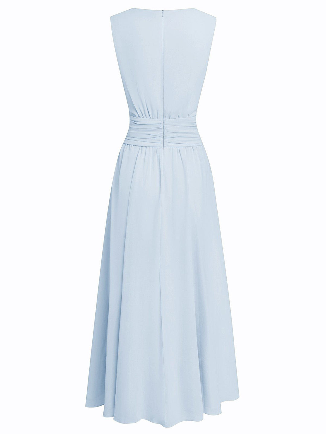 Summer wedding guest maxi dress, sleeveless with a chic ruched A-line design.