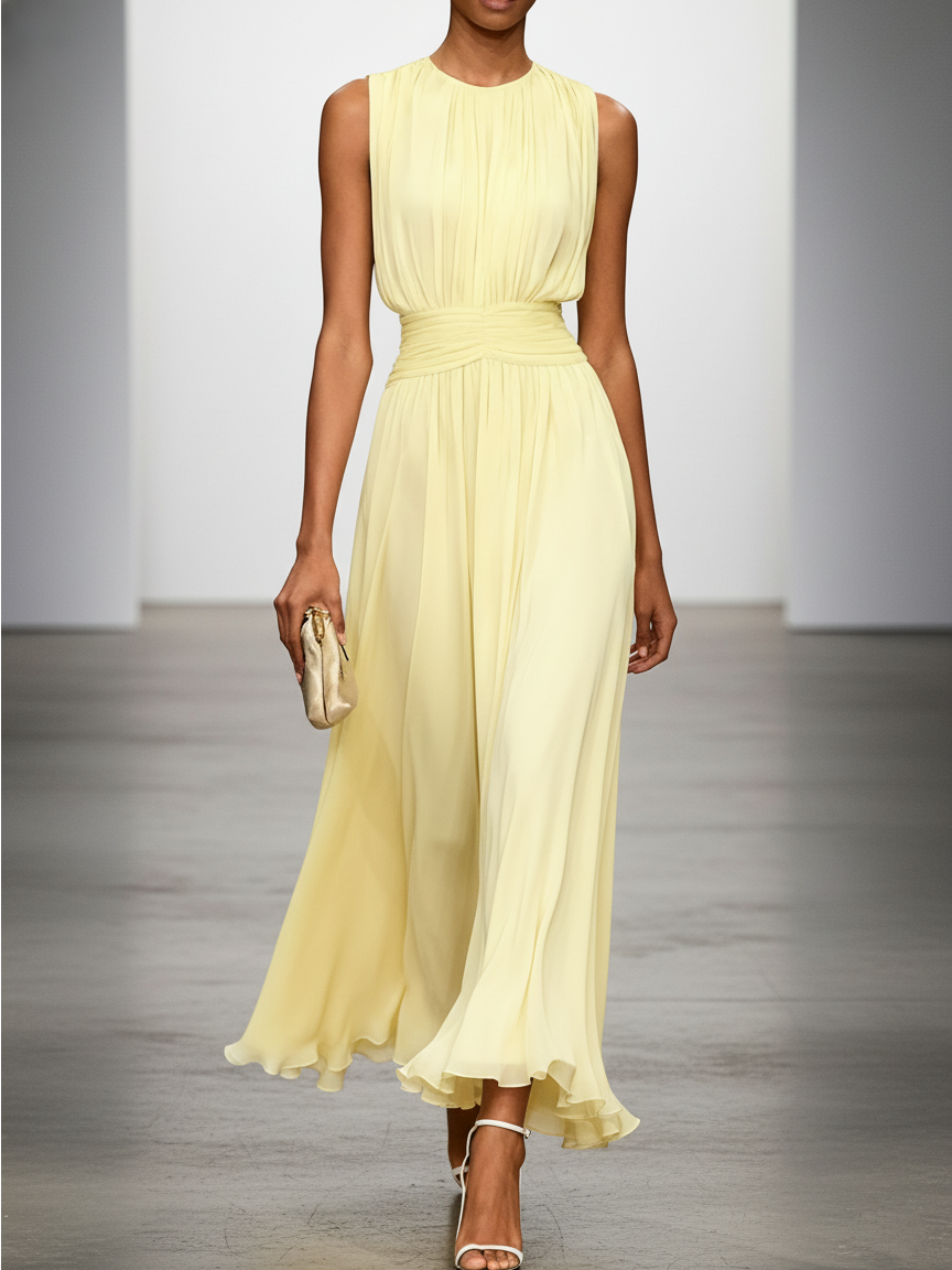 Flowy A-line maxi dress, sleeveless, featuring stylish ruching for women's special events.