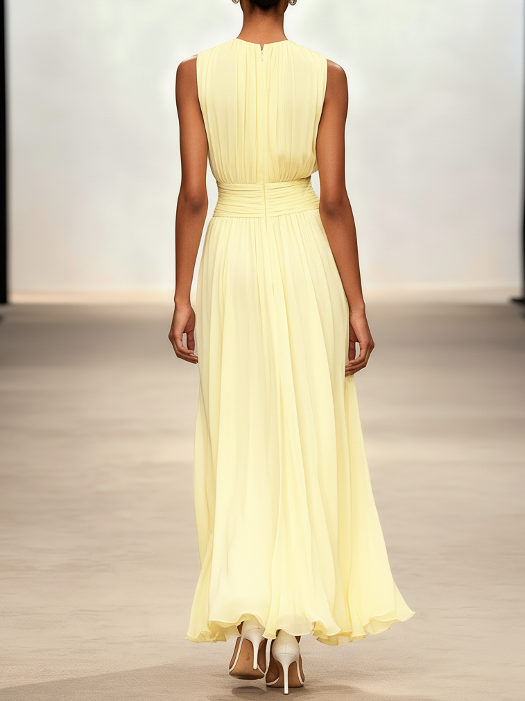 Sophisticated women's sleeveless ruched A-line maxi dress for elegant evening wear.