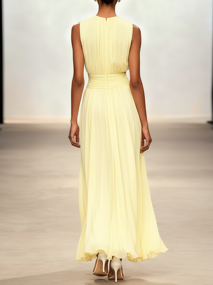 Sophisticated women's sleeveless ruched A-line maxi dress for elegant evening wear.