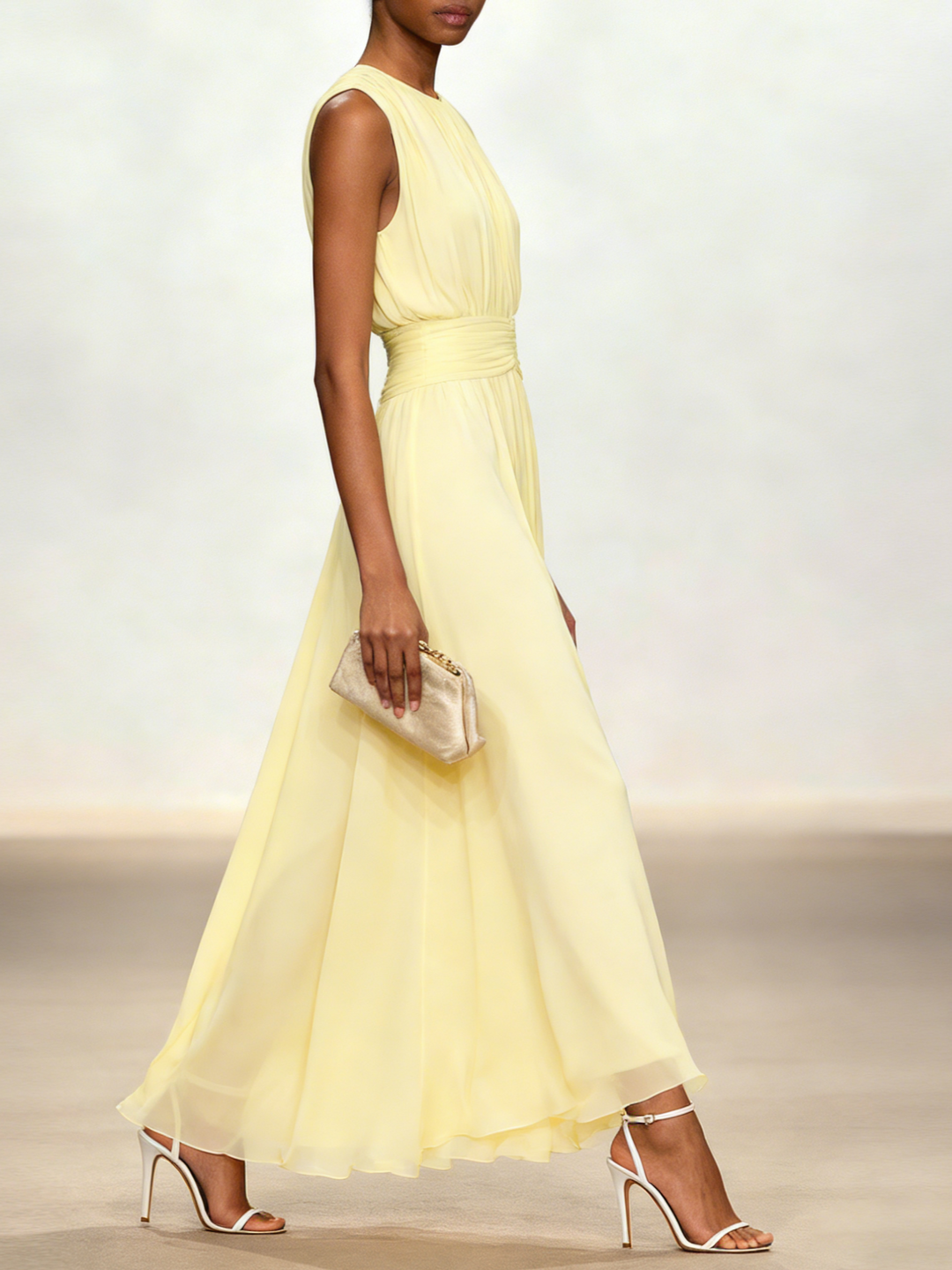 Versatile sleeveless ruched A-line maxi dress, suitable for parties, weddings & formals.