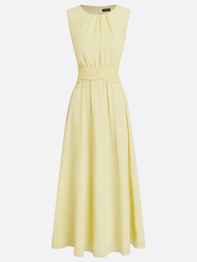 Classic sleeveless ruched A-line maxi dress for wedding guests; timeless elegant style.