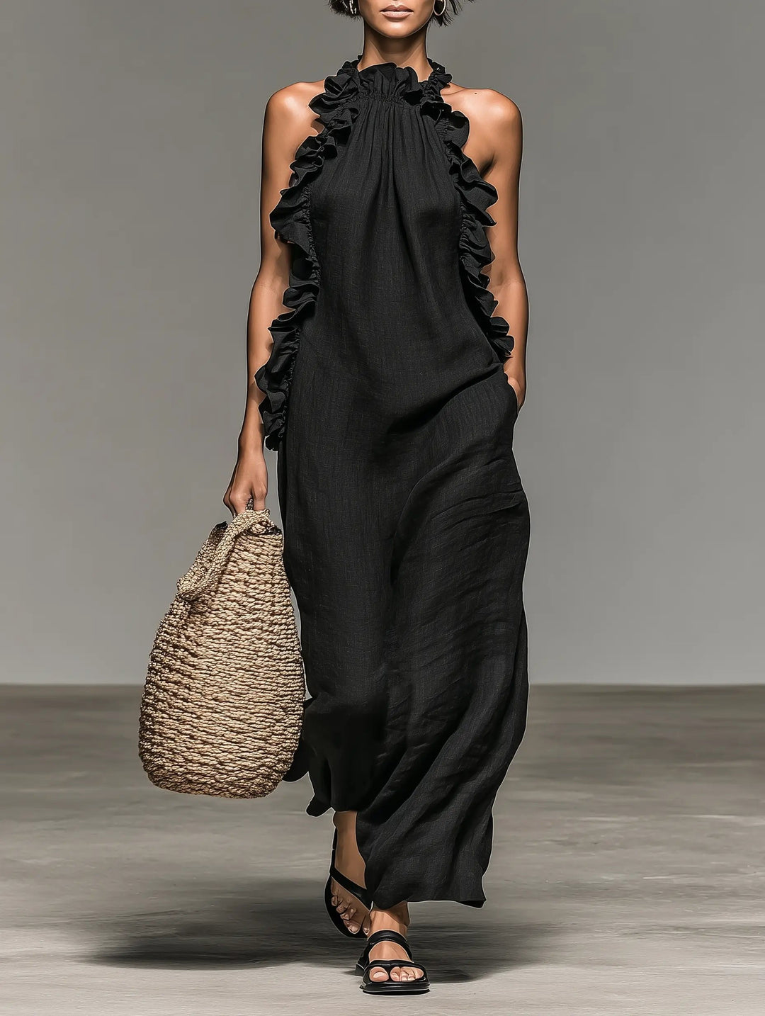 Women's sleeveless ruffle maxi dress, perfect for summer events & casual wear. Flowy & comfortable spring fashion.