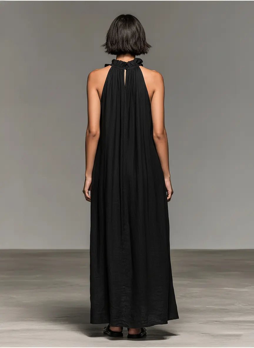 Elegant women's sleeveless ruffle maxi dress. Ideal for summer holidays, casual outings & warm weather fashion.