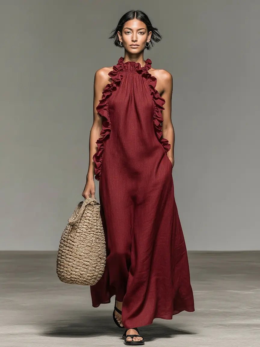 Chic women's summer maxi dress featuring a sleeveless design and delicate ruffles. Effortless spring fashion.