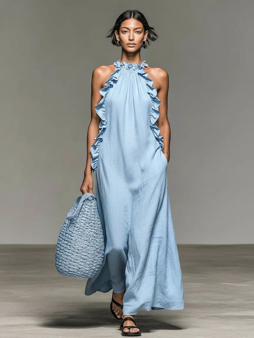 Lightweight women's sleeveless ruffle maxi dress. Comfortable and stylish for warm summer days & spring fashion.
