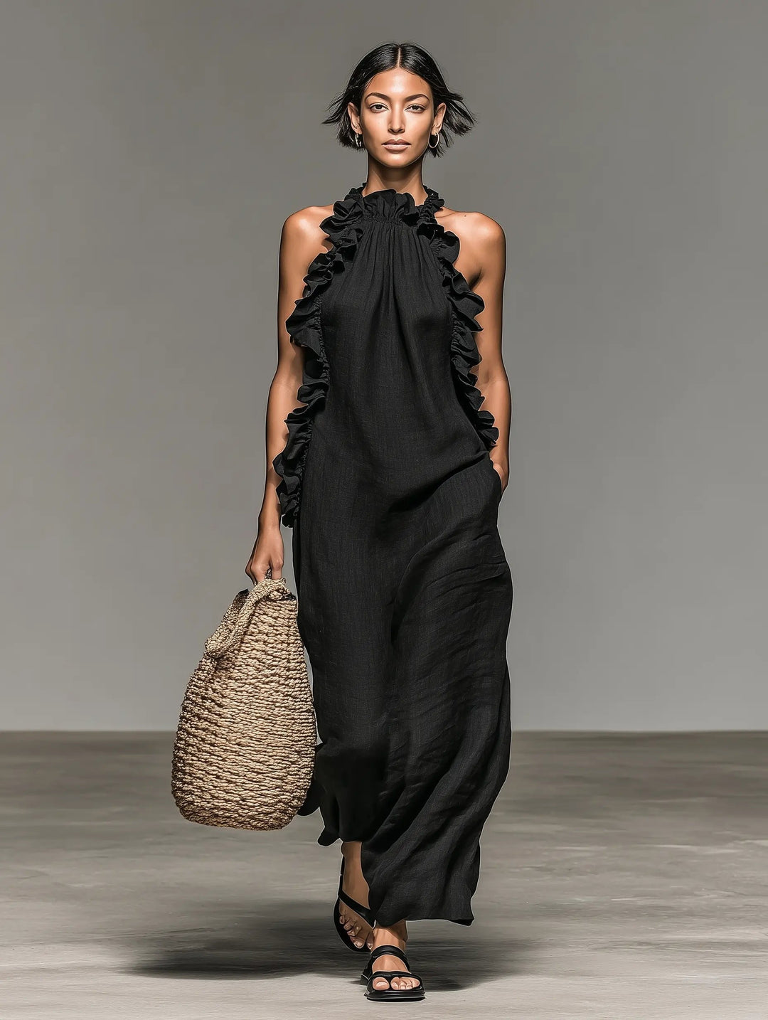 Relaxed fit women's sleeveless maxi dress with ruffles, offering comfort & style for summer fashion.