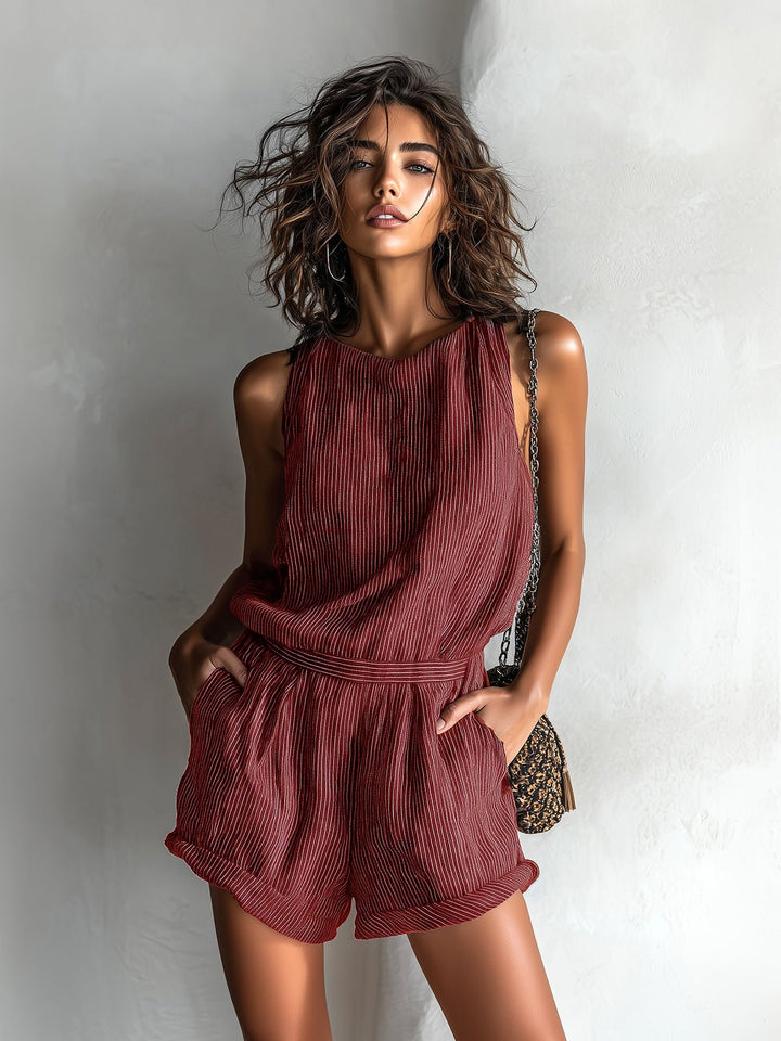 Elegant women's striped boat neck romper, a comfortable sleeveless daywear option for summer fashion.