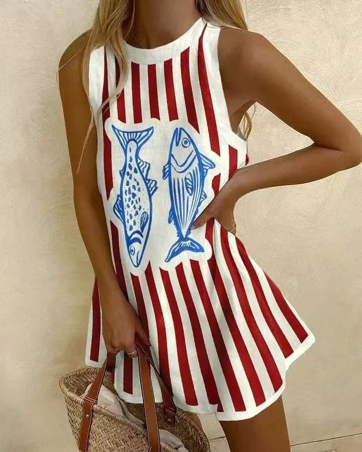 Women's sleeveless striped nautical mini wrap dress for casual summer wear, beach days, or vacation.