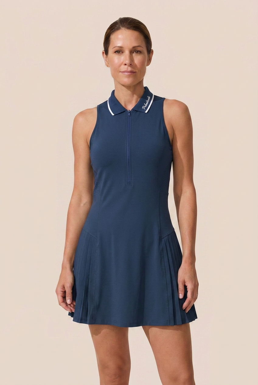 Sleek women's sleeveless tennis dress with a practical zip collar. Versatile for sport & casual.