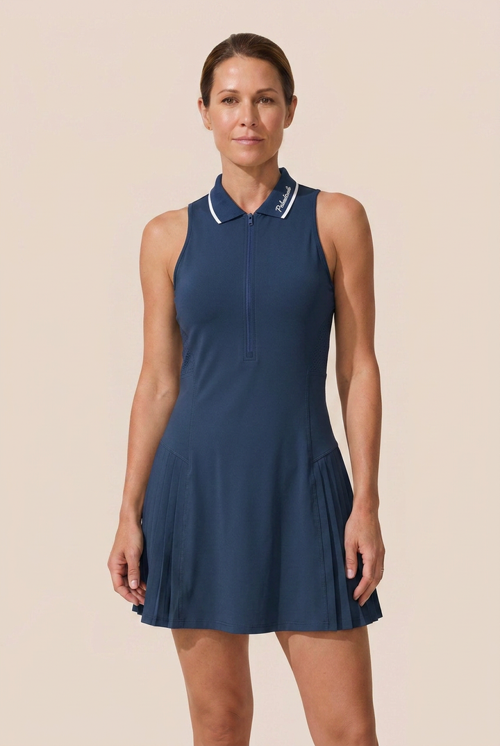 Sleek women's sleeveless tennis dress with a practical zip collar. Versatile for sport & casual.