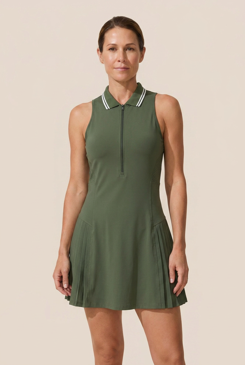 Comfortable women's sleeveless active dress with zip collar. Built-in shorts for tennis & golf.