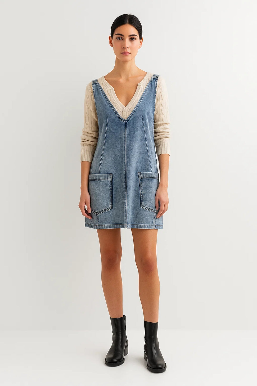 Women's sleeveless V-neck denim mini dress. Casual, stylish everyday wear perfect for spring & summer.
