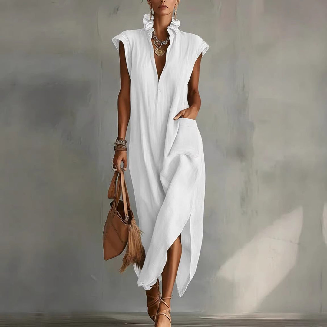 Women's sleeveless V-neck shirt midi dress, flowing and comfortable for summer casual wear.