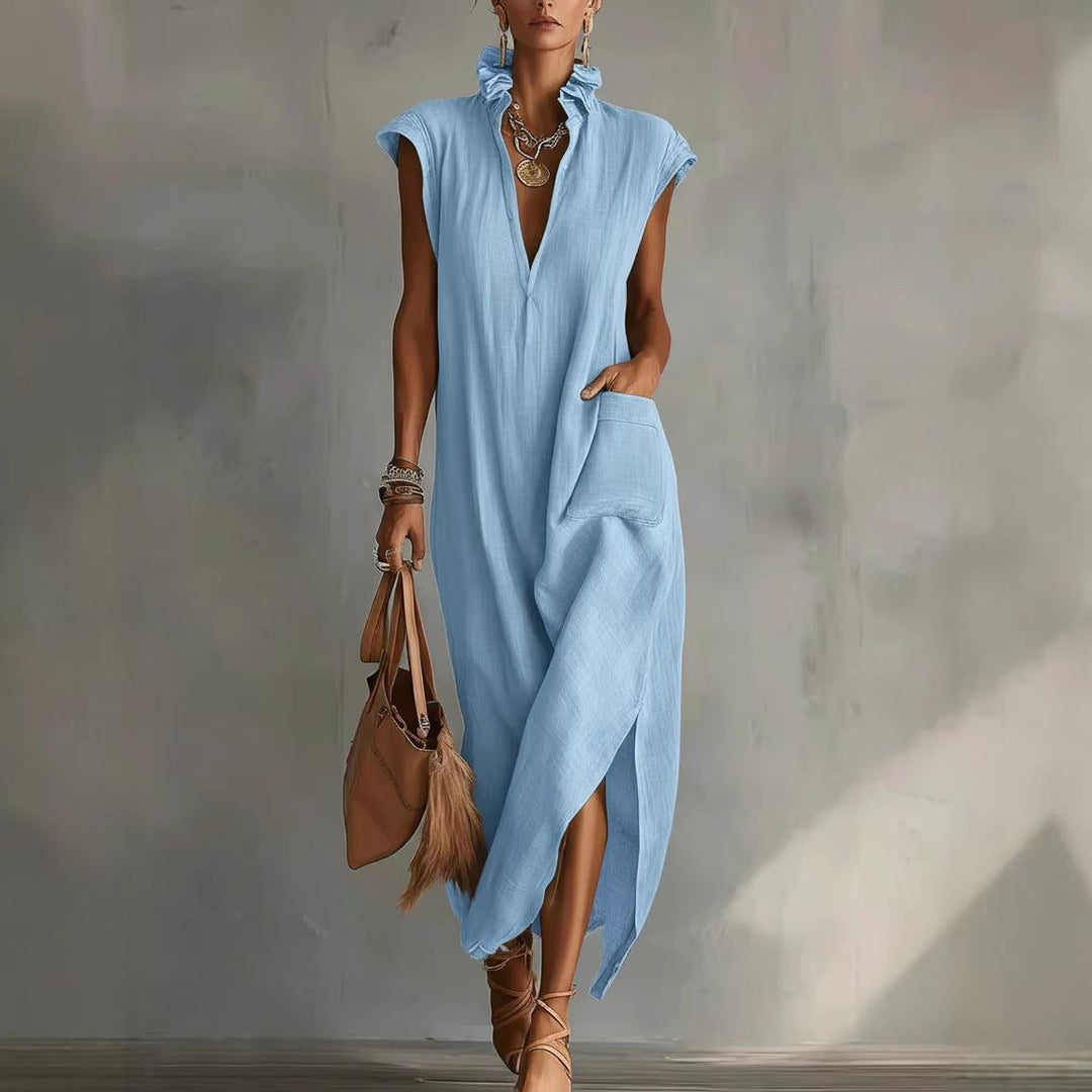 Comfortable women's sleeveless midi shirt dress, versatile for casual summer outings, relaxed fit V-neck.