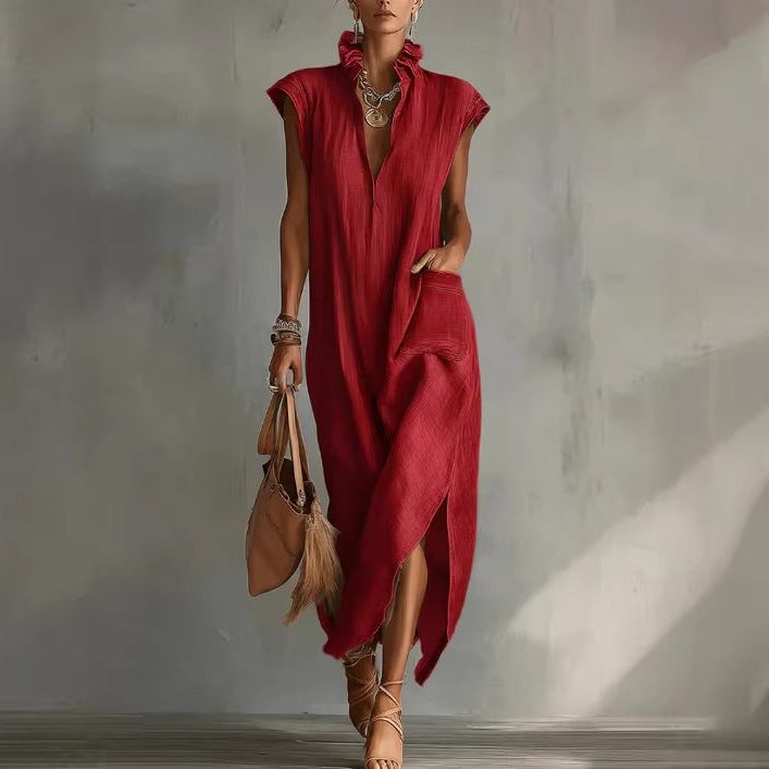 Stylish women's flowing sleeveless midi shirt dress with V-neck, perfect for comfortable summer casual wear.