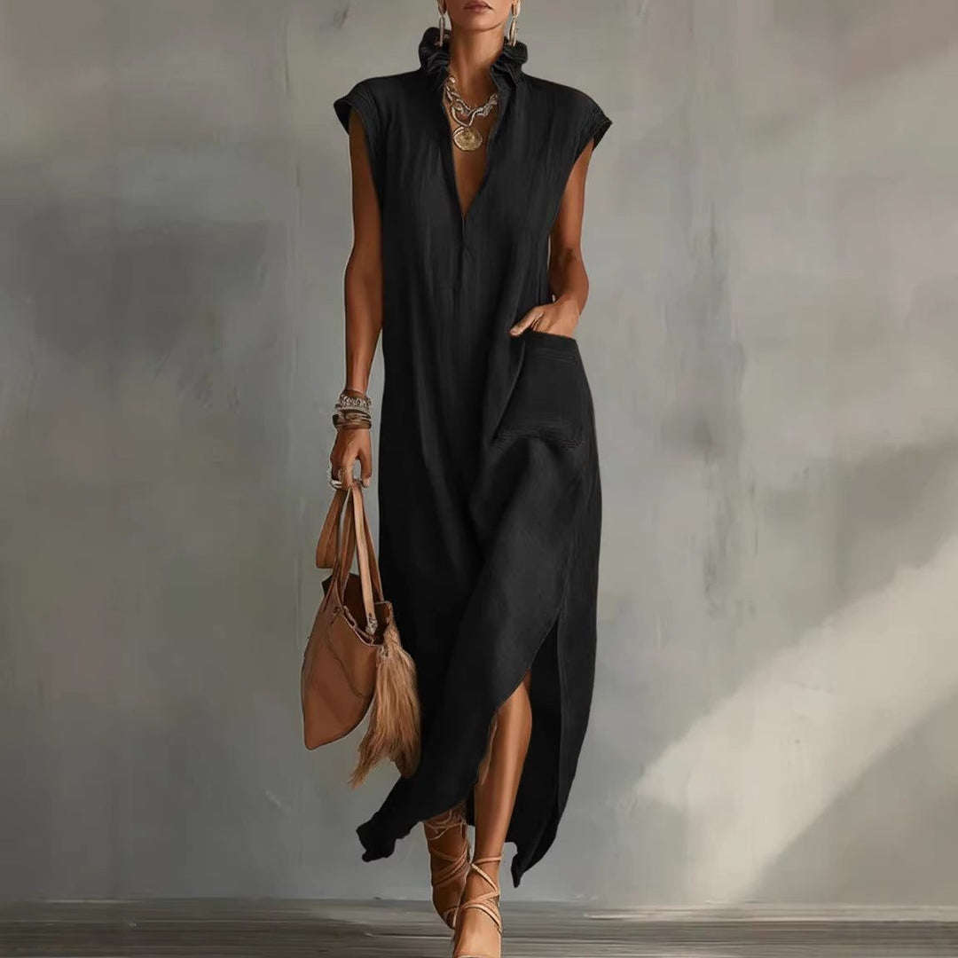 Women's V-neck sleeveless midi shirt dress, comfortable flowing design, perfect versatile casual summer outfit.