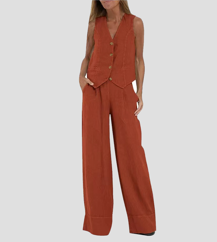 Complete women's outfit: a sleeveless V-neck top & wide-leg trouser set for effortless style.