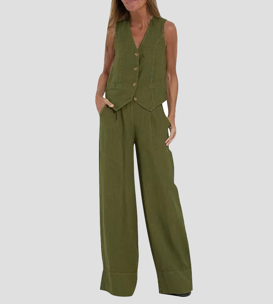 Womens elegant set: a tailored sleeveless V-neck top and flowy wide-leg trousers for chic appeal.